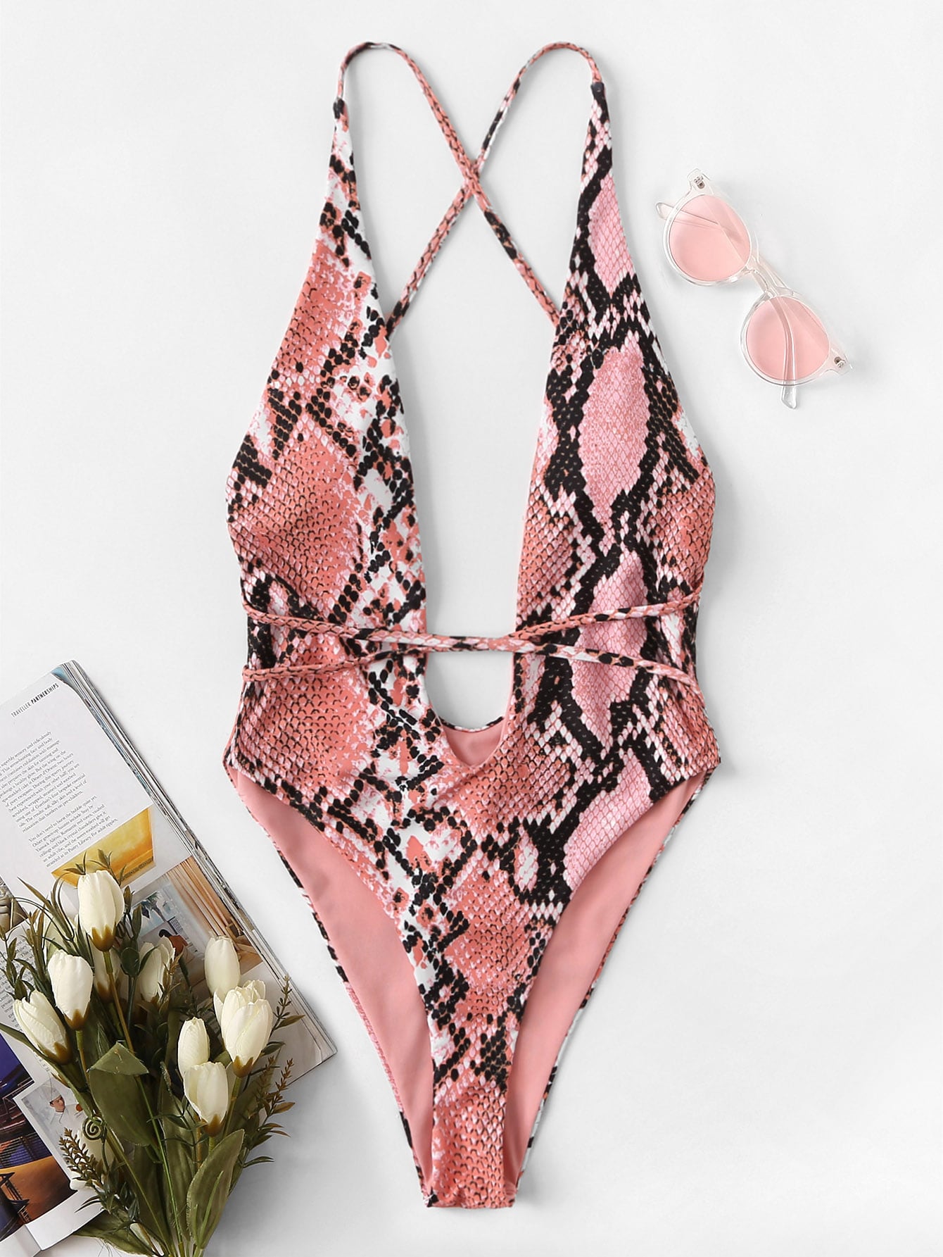 Snakeskin Print Deep V Plunge One Piece Swim