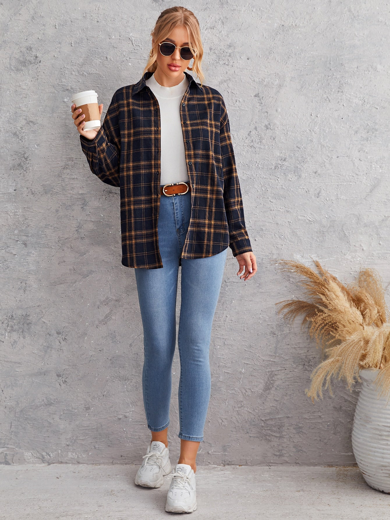 Shoulder Curved Hem Tartan Blouse