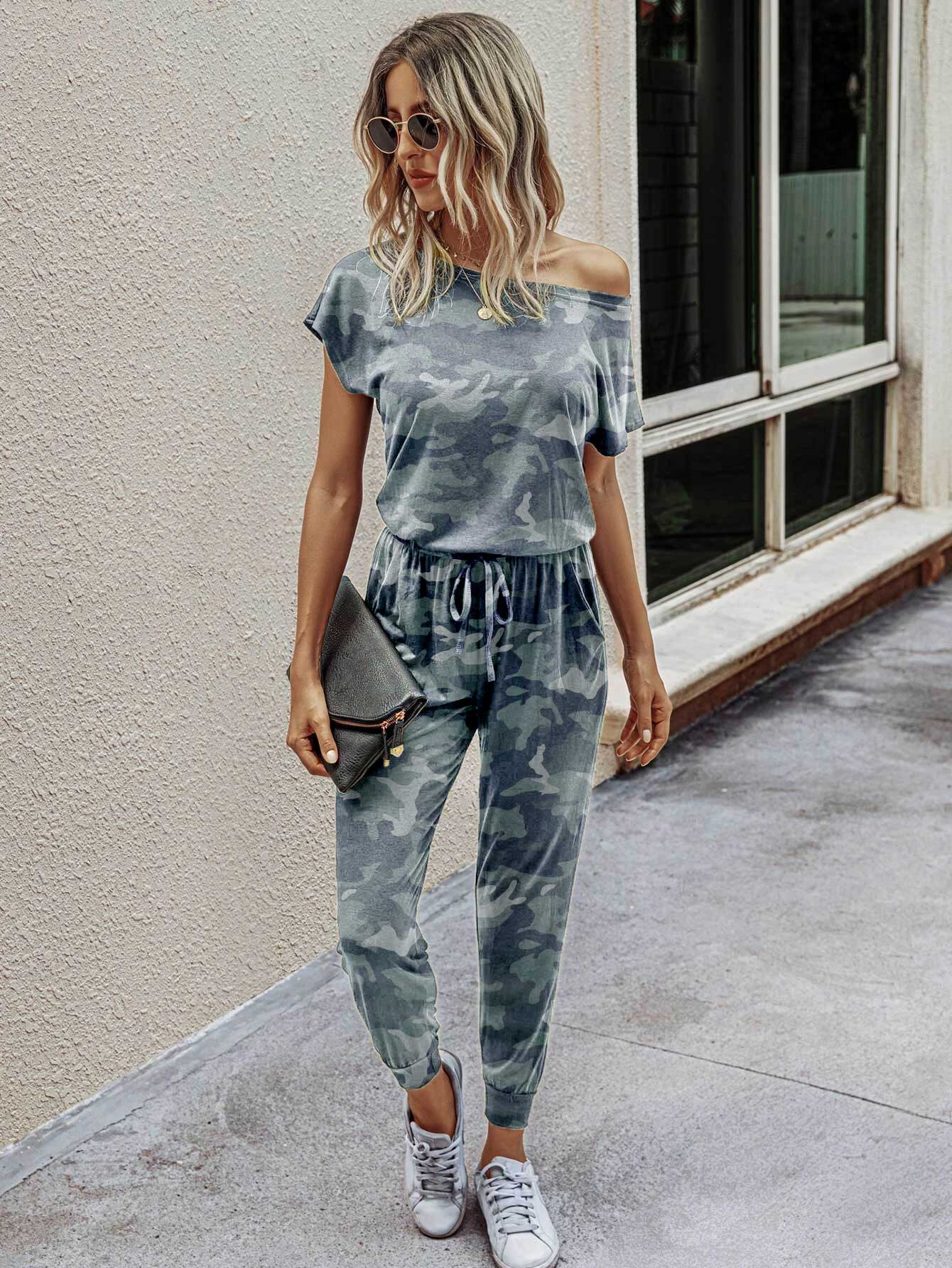 Camo Print Batwing Sleeve Jumpsuit