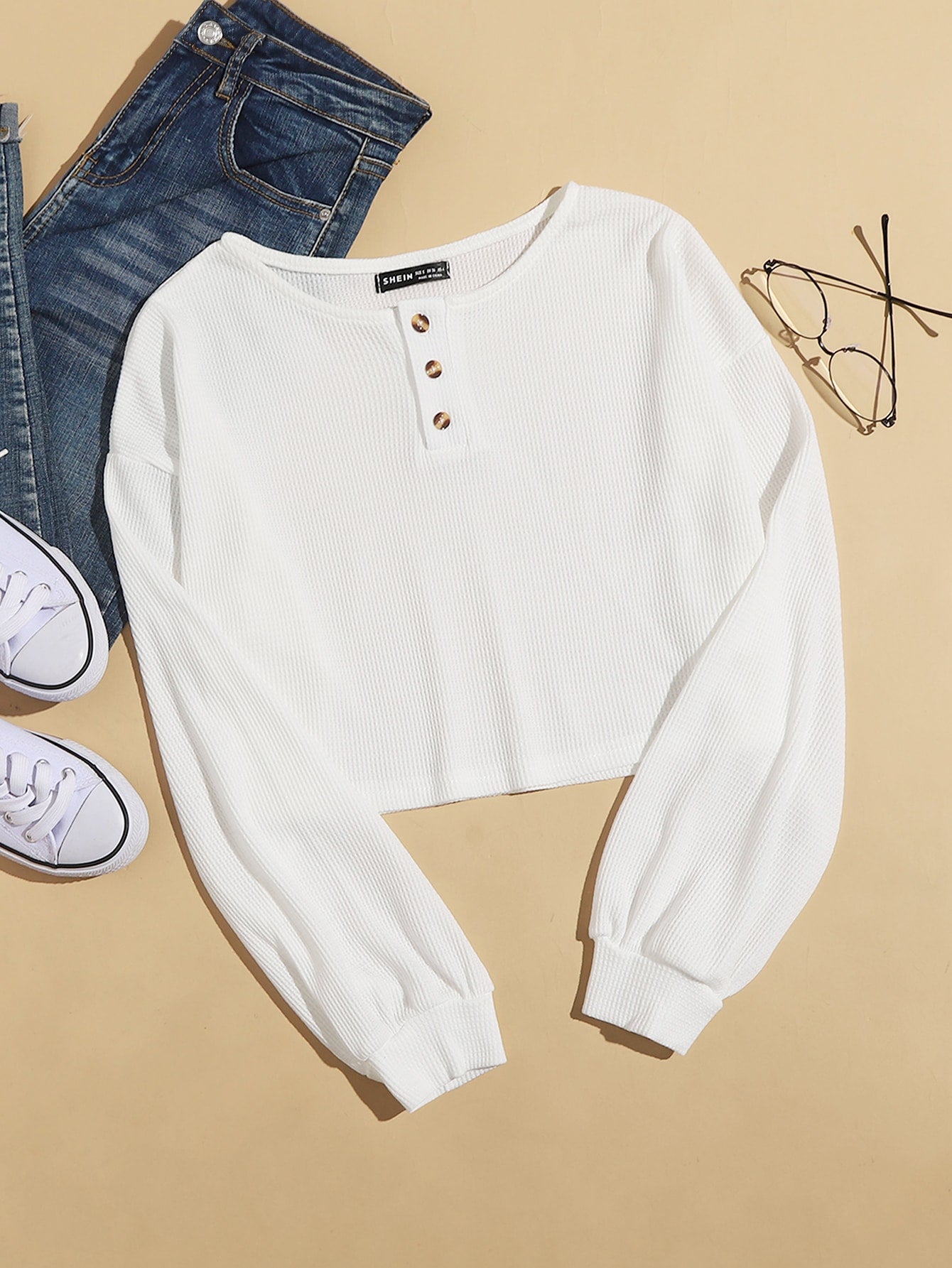 Half Button Drop Shoulder Crop Tee