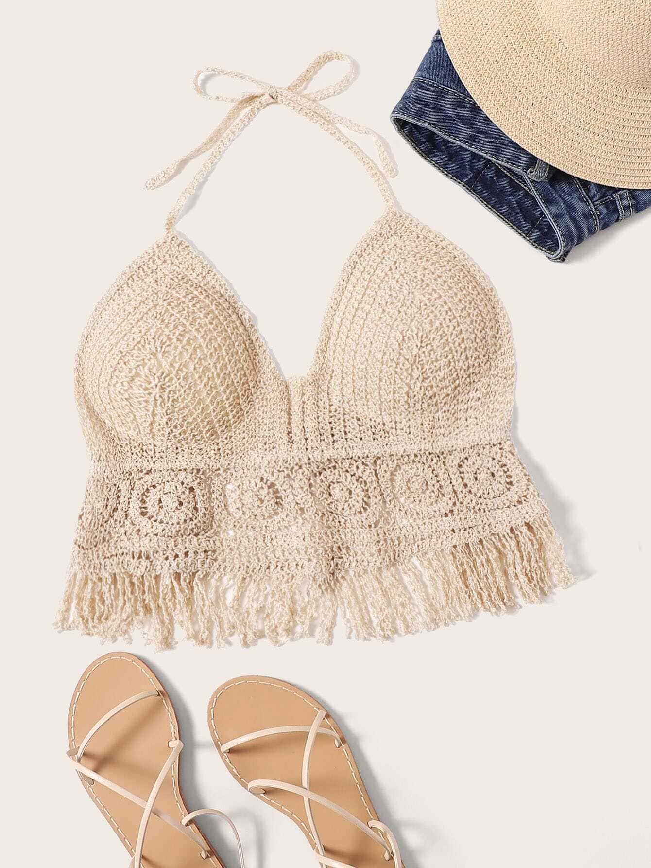 Fringe Hem Tie Back Crop Halter Top